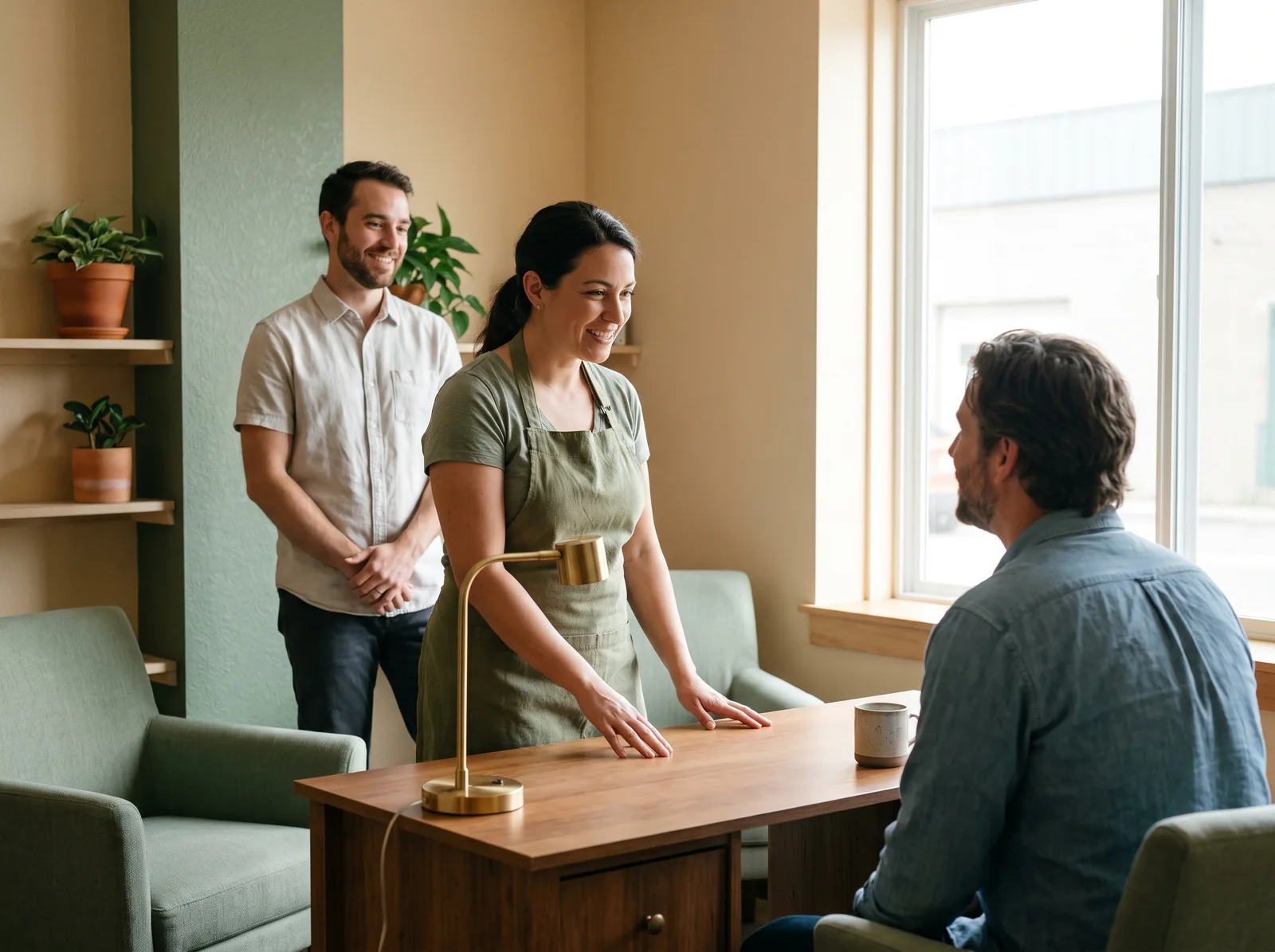 A team member talking with a customer at a counter while another colleague works nearby.